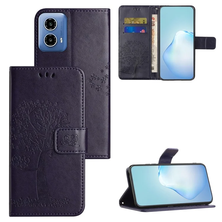 Für Motorola Moto E14 4G / G04 4G / G04s 4G / G24 4G Wallet Case Owl Tree Pattern PU Leder Phone Cover - Dunkelviolett