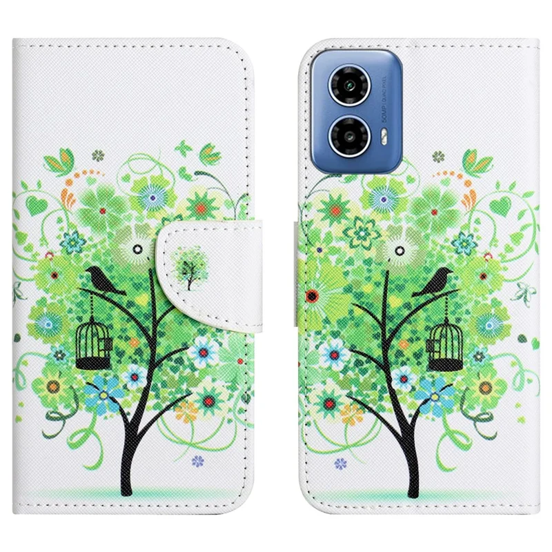 For Motorola Moto E14 4G / G04 4G / G04s 4G / G24 4G Wallet Case Pattern Printing PU Leather Phone Cover - Green Tree