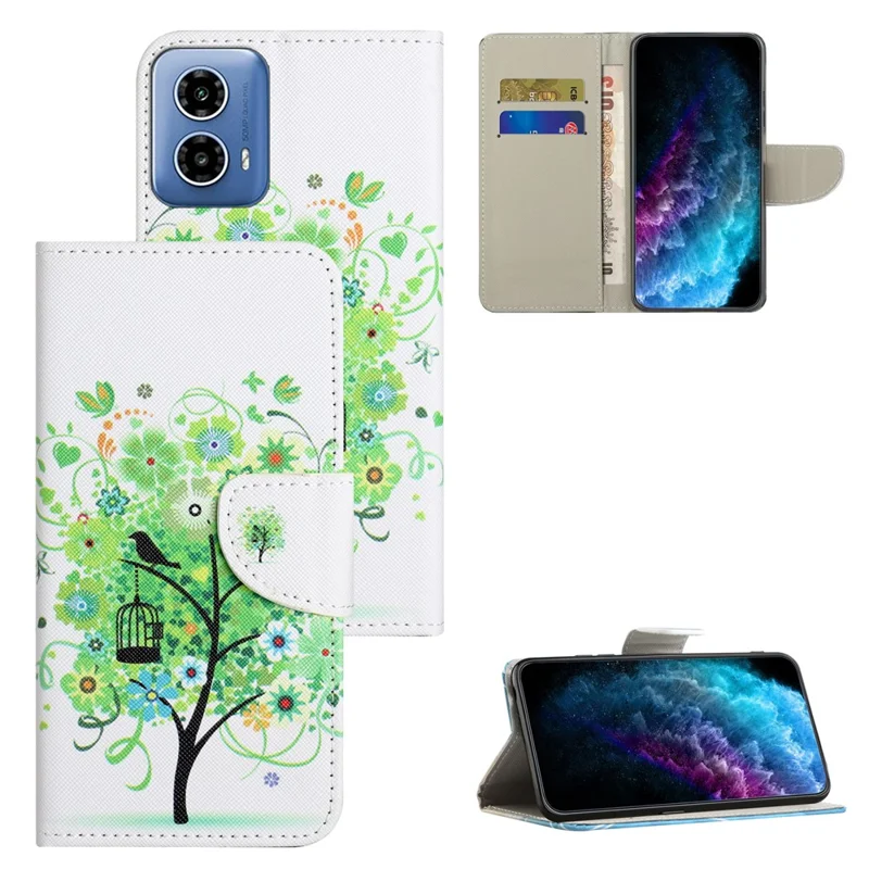 For Motorola Moto E14 4G / G04 4G / G04s 4G / G24 4G Wallet Case Pattern Printing PU Leather Phone Cover - Green Tree