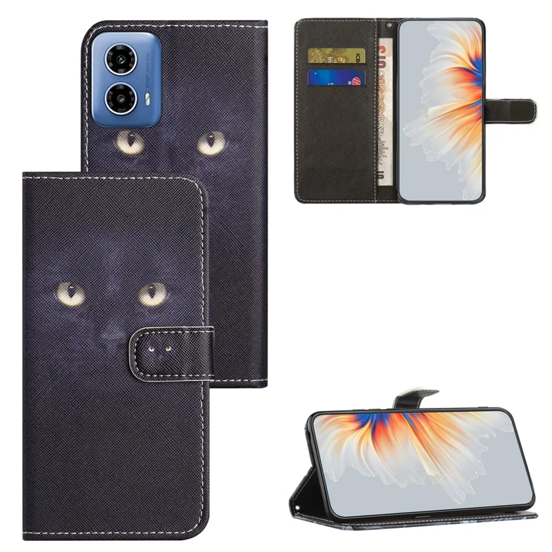 For Motorola Moto E14 4G / G04 4G / G04s 4G / G24 4G Leather Case Pattern Printing Cross Texture Phone Wallet Cover - Cat's Eye