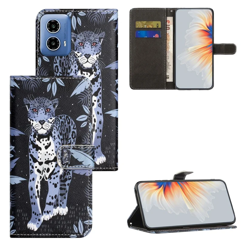 Custodia in pelle con motivo per Motorola Moto E14 4G / G04 4G / G04s 4G / G24 4G - Stampa a leopardo