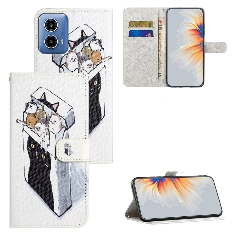 For Motorola Moto E14 4G / G04 4G / G04s 4G / G24 4G Leather Case Pattern Printing Cross Texture Phone Wallet Cover - Cats