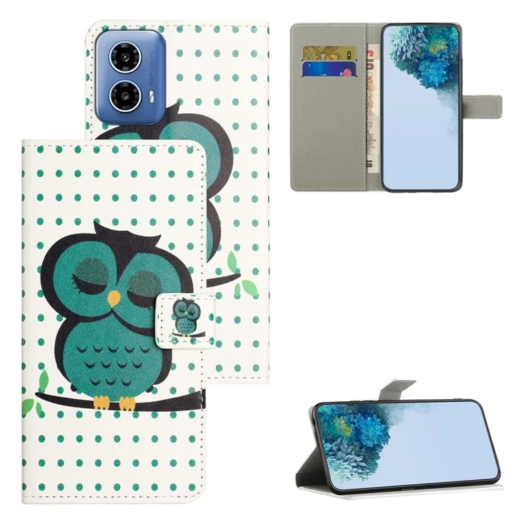 Per Motorola Moto E14 4G / G04 4G / G04s 4G / G24 4G Custodia Flip in Pelle con Portafoglio e Stampa a Motivi - Pois / Gufo