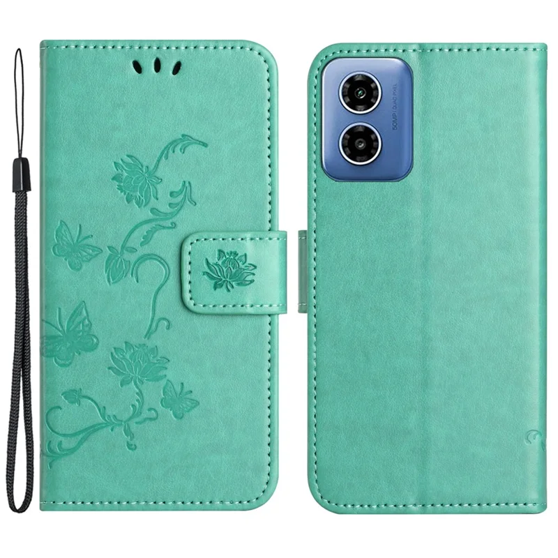 Per Motorola Moto E14 4G / G04 4G / G04s 4G / G24 4G Custodia a portafoglio in pelle PU con supporto a farfalla e fiore - Ciano