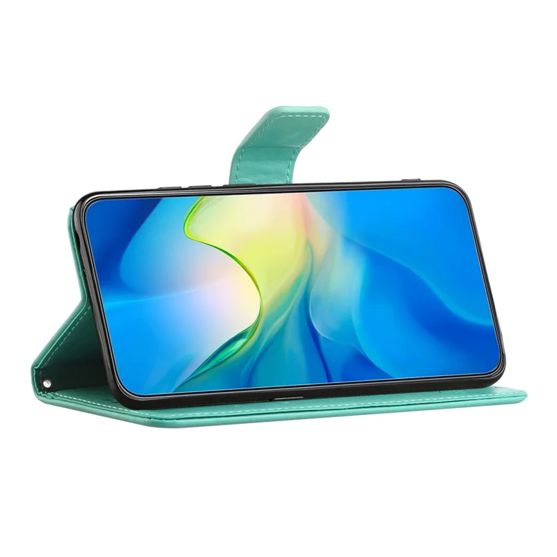 Per Motorola Moto E14 4G / G04 4G / G04s 4G / G24 4G Custodia a portafoglio in pelle PU con supporto a farfalla e fiore - Ciano