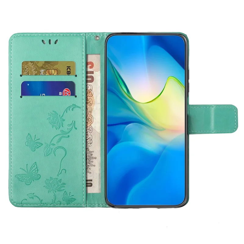 Per Motorola Moto E14 4G / G04 4G / G04s 4G / G24 4G Custodia a portafoglio in pelle PU con supporto a farfalla e fiore - Ciano