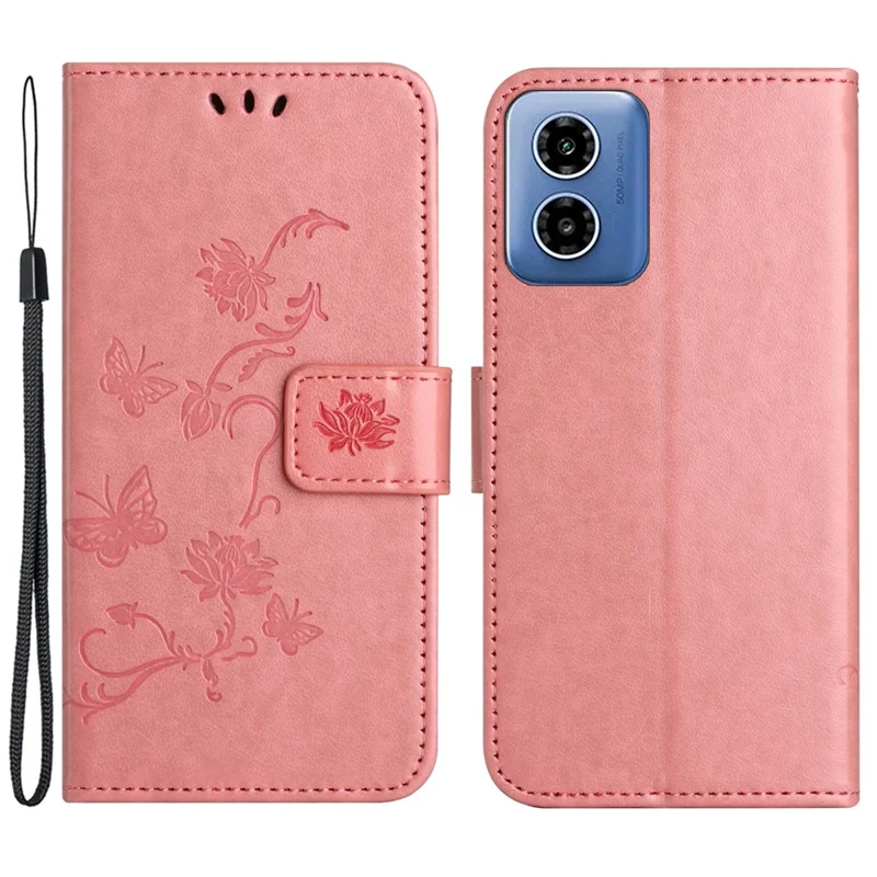 Para Motorola Moto E14 4G / G04 4G / G04s 4G / G24 4G Wallet Case PU Leather Stand Butterfly Flower Phone Cover - Rosa