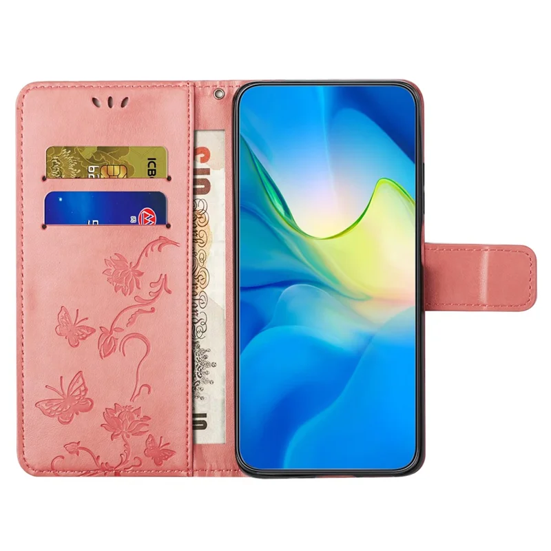 Para Motorola Moto E14 4G / G04 4G / G04s 4G / G24 4G Wallet Case PU Leather Stand Butterfly Flower Phone Cover - Rosa