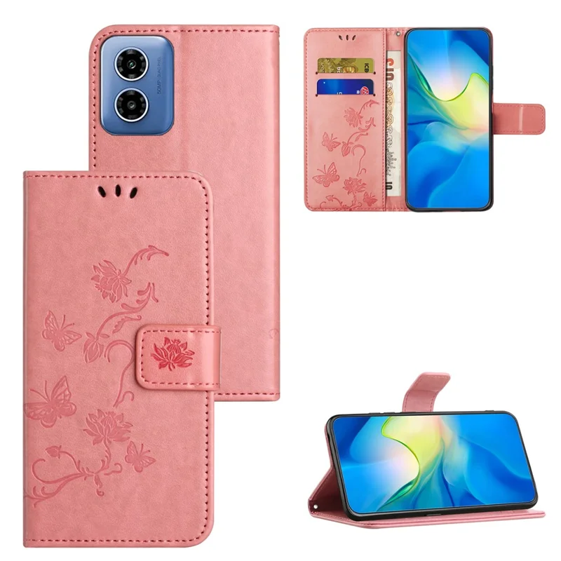 Para Motorola Moto E14 4G / G04 4G / G04s 4G / G24 4G Wallet Case PU Leather Stand Butterfly Flower Phone Cover - Rosa