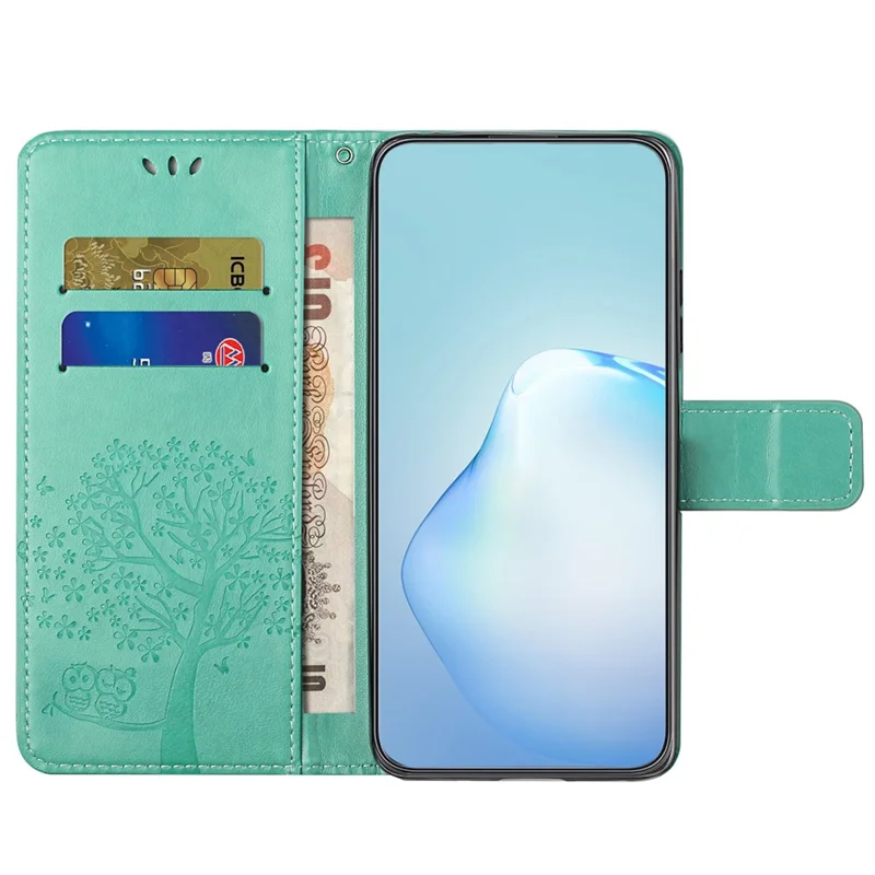 For Motorola Moto E14 4G / G04 4G / G04s 4G / G24 4G Leather Case Wallet Phone Cover Imprinted Owl Tree - Cyan