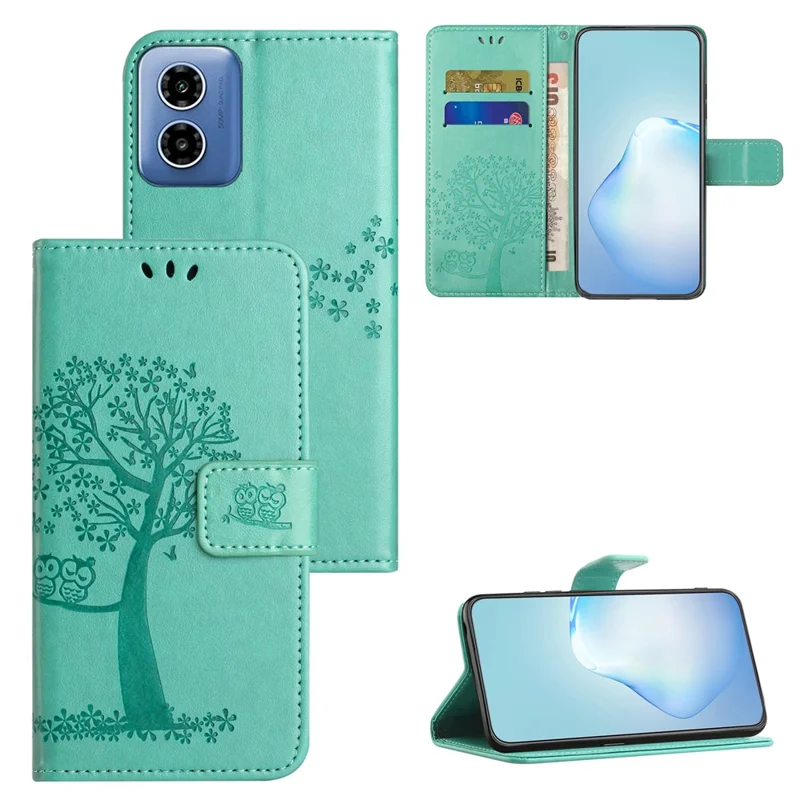 For Motorola Moto E14 4G / G04 4G / G04s 4G / G24 4G Leather Case Wallet Phone Cover Imprinted Owl Tree - Cyan