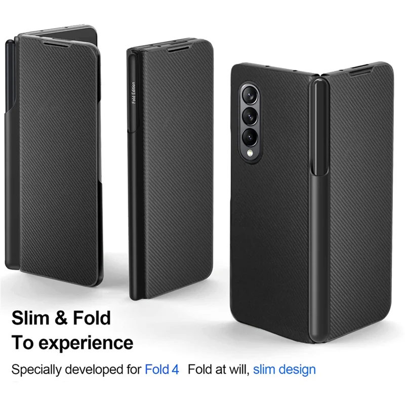 For Samsung Galaxy Z Fold4 5G Case PU+Hard PC Phone with Pen Slot - Black