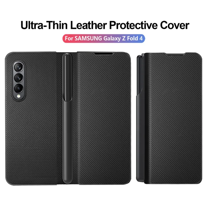 For Samsung Galaxy Z Fold4 5G Case PU+Hard PC Phone with Pen Slot - Black