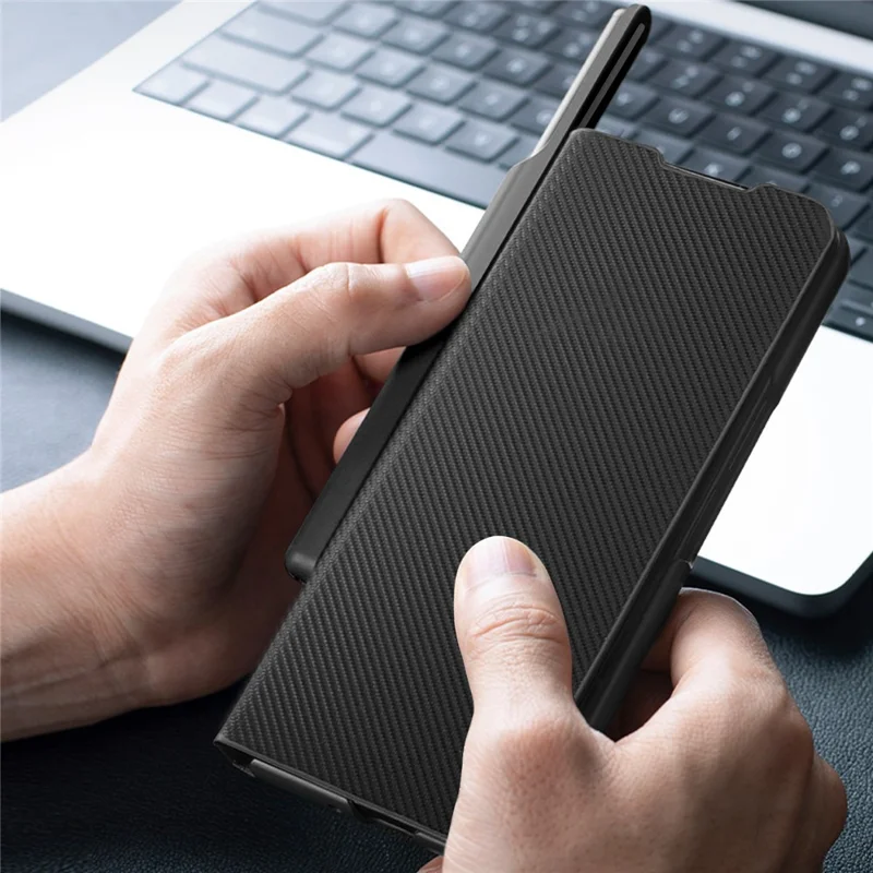 For Samsung Galaxy Z Fold4 5G Case PU+Hard PC Phone with Pen Slot - Black