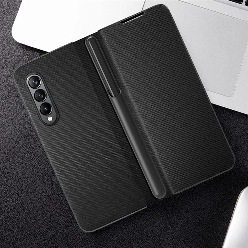 For Samsung Galaxy Z Fold4 5G Case PU+Hard PC Phone with Pen Slot - Black