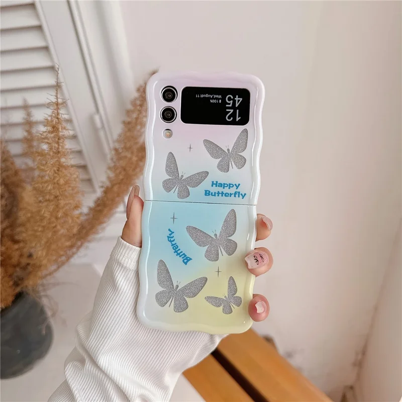 For Samsung Galaxy Z Flip4 5G TPU Case Glitter Pattern Printing Folding Phone Cover - Blue Pink Butterfly