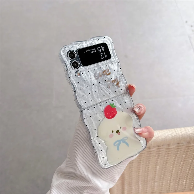 Para Samsung Galaxy Z Flip4 5G Capa Padrão de Impressão TPU Capa de Telefone Borda em Onda - Bolinhas+Cachorro