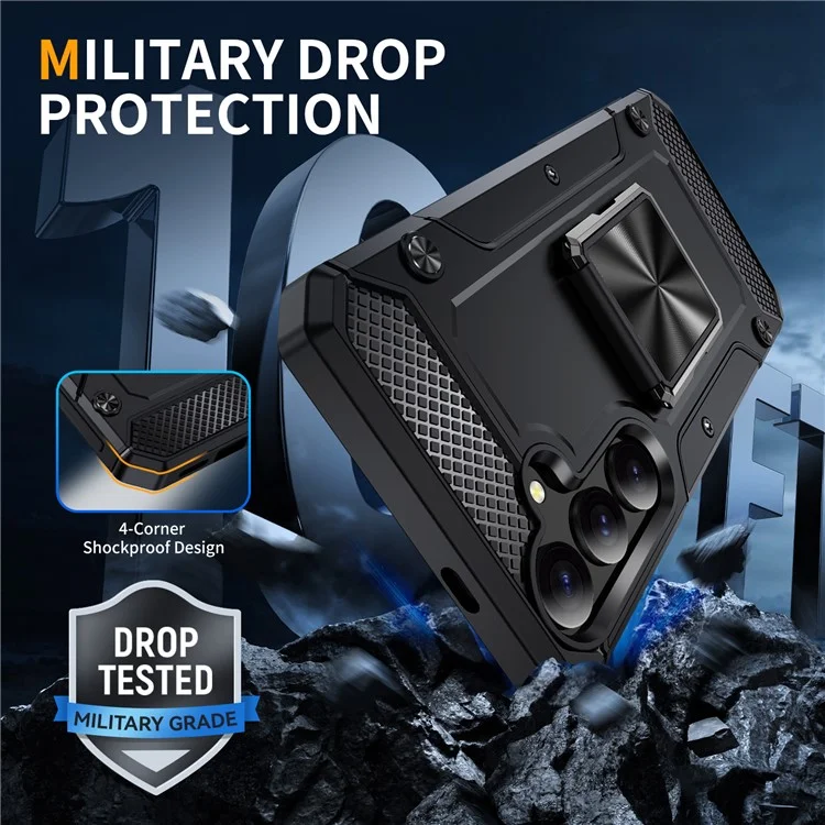 Для Samsung Galaxy S24 Case 360-градусная опорная ножка Военная степень PC+TPU Чехол для телефона - Черный