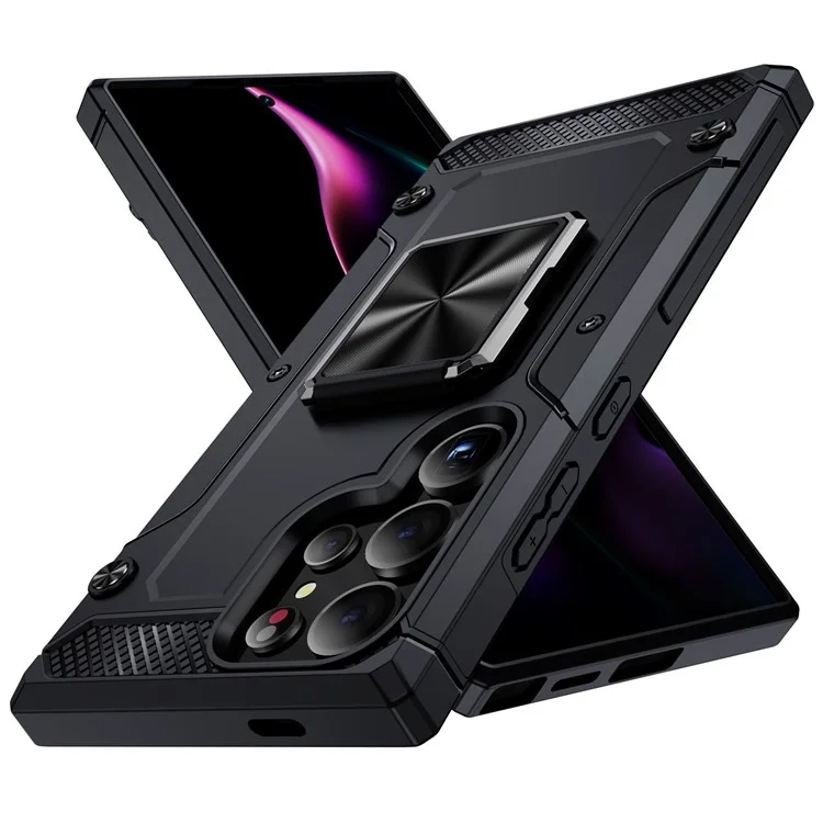 For Samsung Galaxy S24 Ultra Case PC+TPU Armor Shockproof Phone Cover Built-In Kickstand - Black