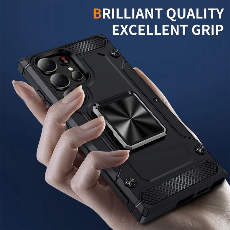 For Samsung Galaxy S24 Ultra Case PC+TPU Armor Shockproof Phone Cover Built-In Kickstand - Black