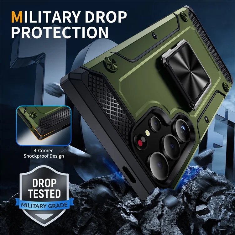 Para Samsung Galaxy S24 Ultra Case PC+TPU Armor Shockproof Phone Cover Built-In Kickstand - Army Green