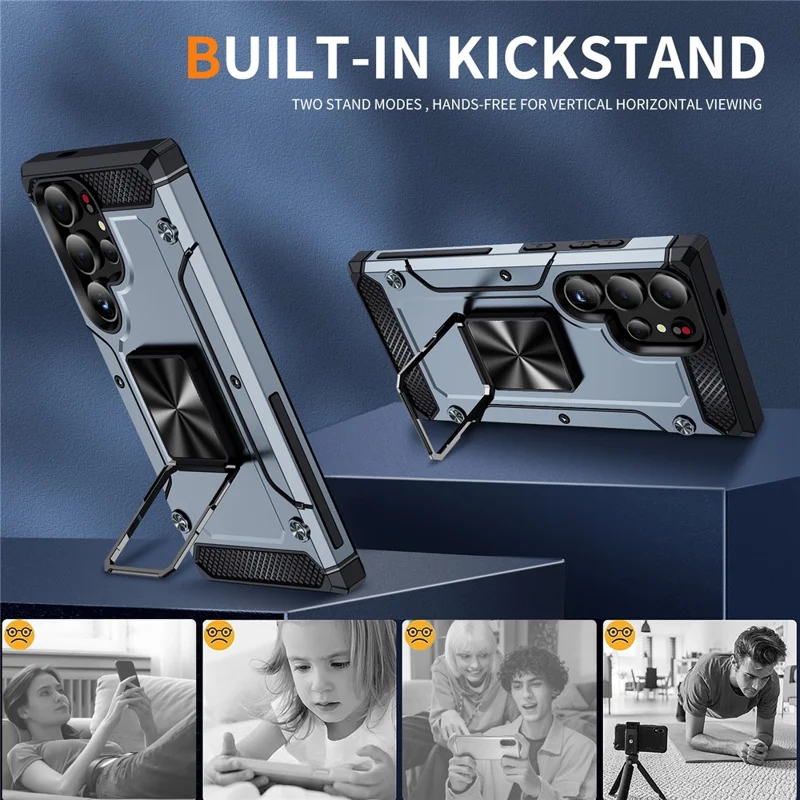 For Samsung Galaxy S24 Ultra Case PC+TPU Armor Shockproof Phone Cover Built-In Kickstand - Grey