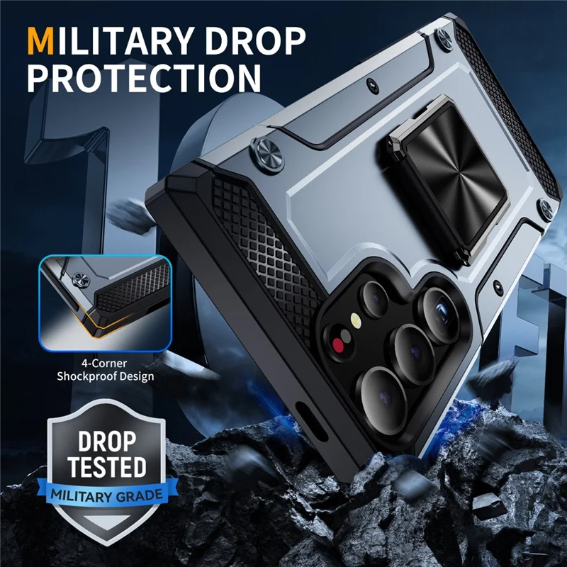 For Samsung Galaxy S24 Ultra Case PC+TPU Armor Shockproof Phone Cover Built-In Kickstand - Grey