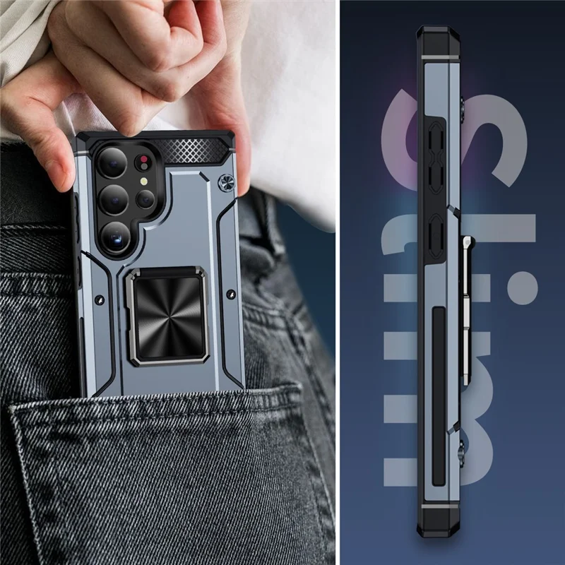 For Samsung Galaxy S24 Ultra Case PC+TPU Armor Shockproof Phone Cover Built-In Kickstand - Grey