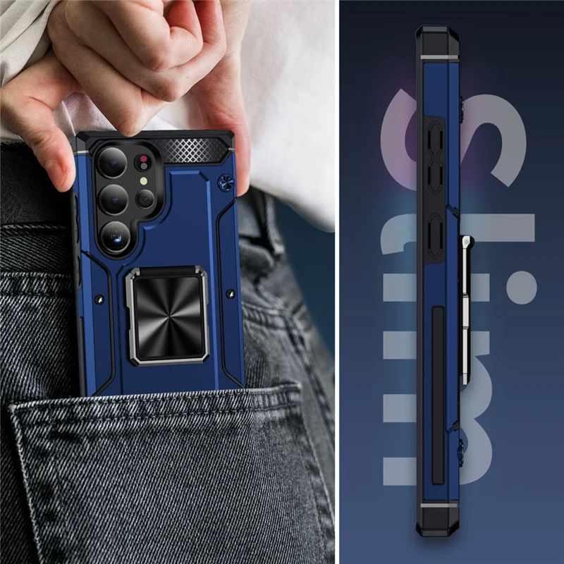 For Samsung Galaxy S24 Ultra Case PC+TPU Armor Shockproof Phone Cover Built-In Kickstand - Blue