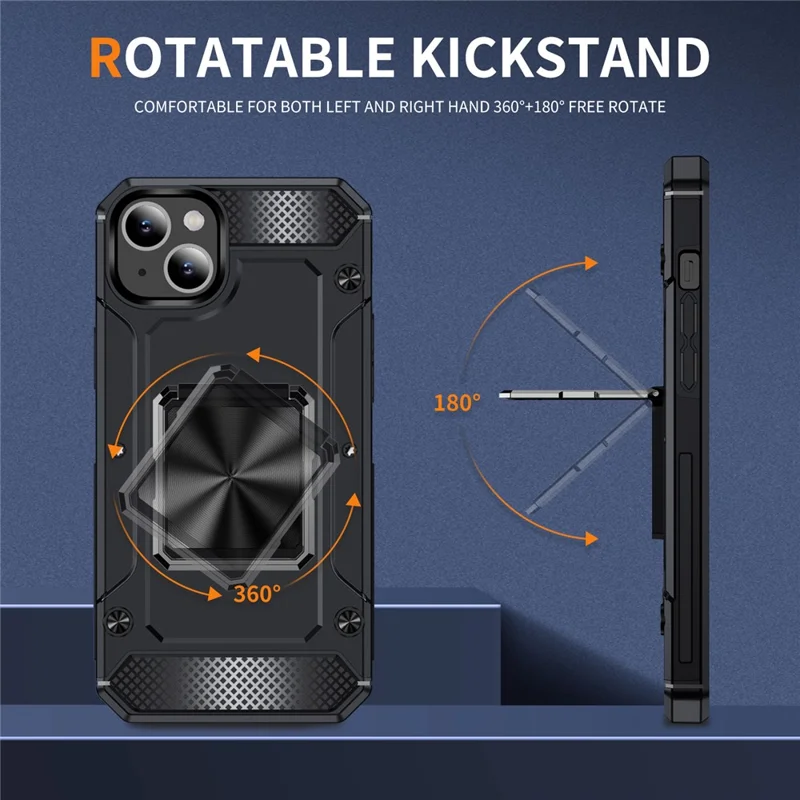 For iPhone 14 Case Rotation Ring Holder PC+TPU Drop Protection Phone Cover - Black