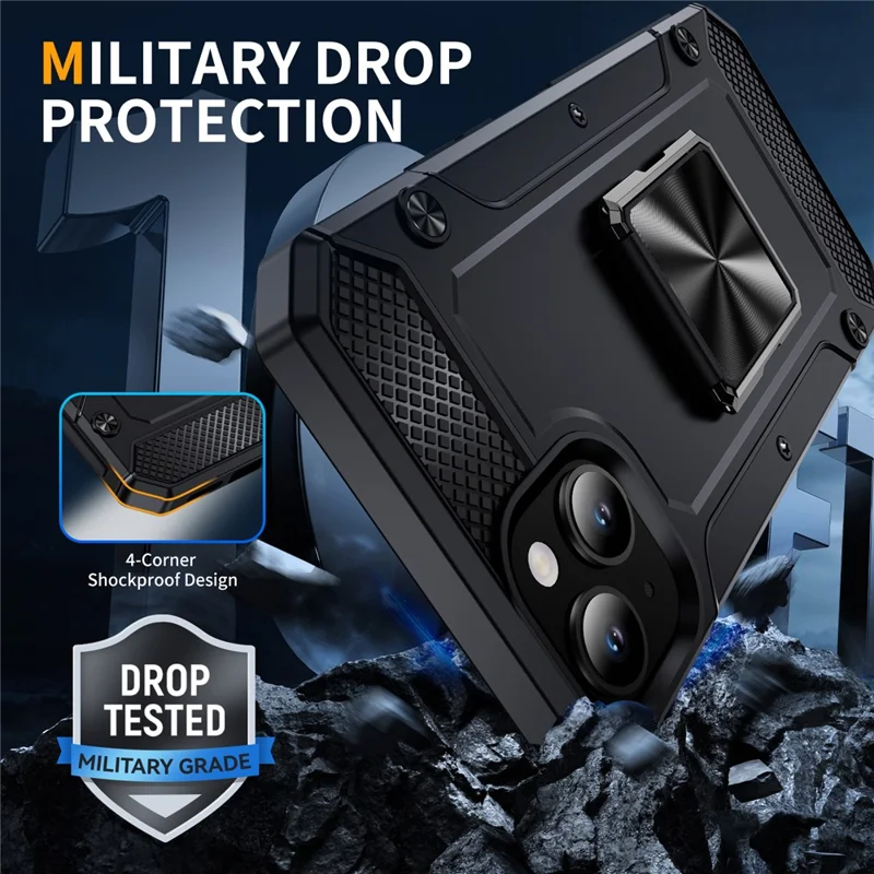 For iPhone 14 Case Rotation Ring Holder PC+TPU Drop Protection Phone Cover - Black