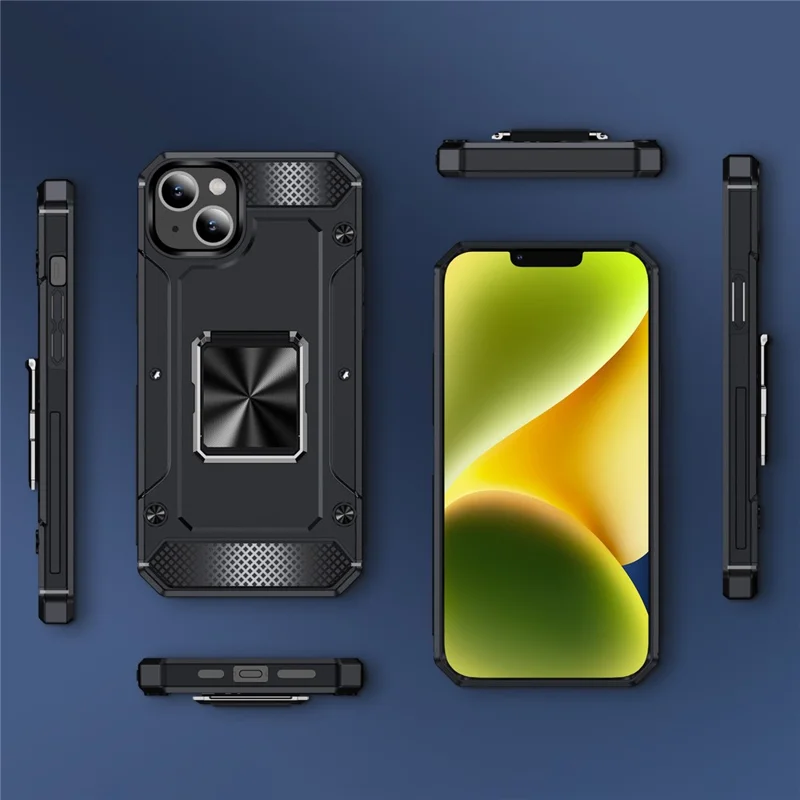 For iPhone 14 Case Rotation Ring Holder PC+TPU Drop Protection Phone Cover - Black