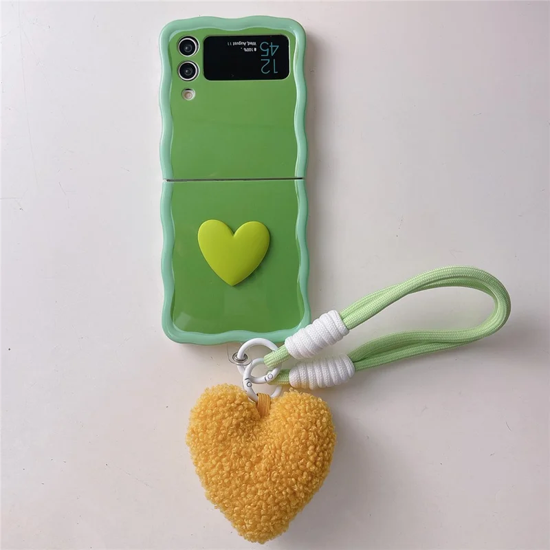 Für Samsung Galaxy Z Flip4 5G-Hülle TPU-Kontrastfarben-Handyhülle mit Herz-Anhänger-Riemen - Hellgrün+Grün