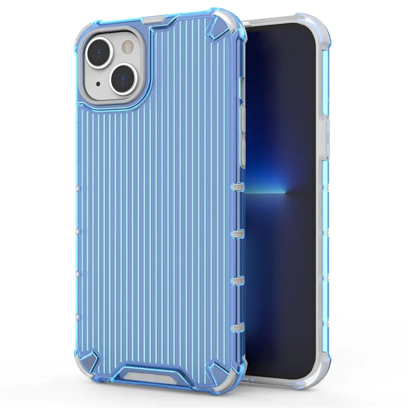 For iPhone 15 Plus Case PC+TPU Strip Pattern Phone Cover Air Cushion Drop Protection - Blue