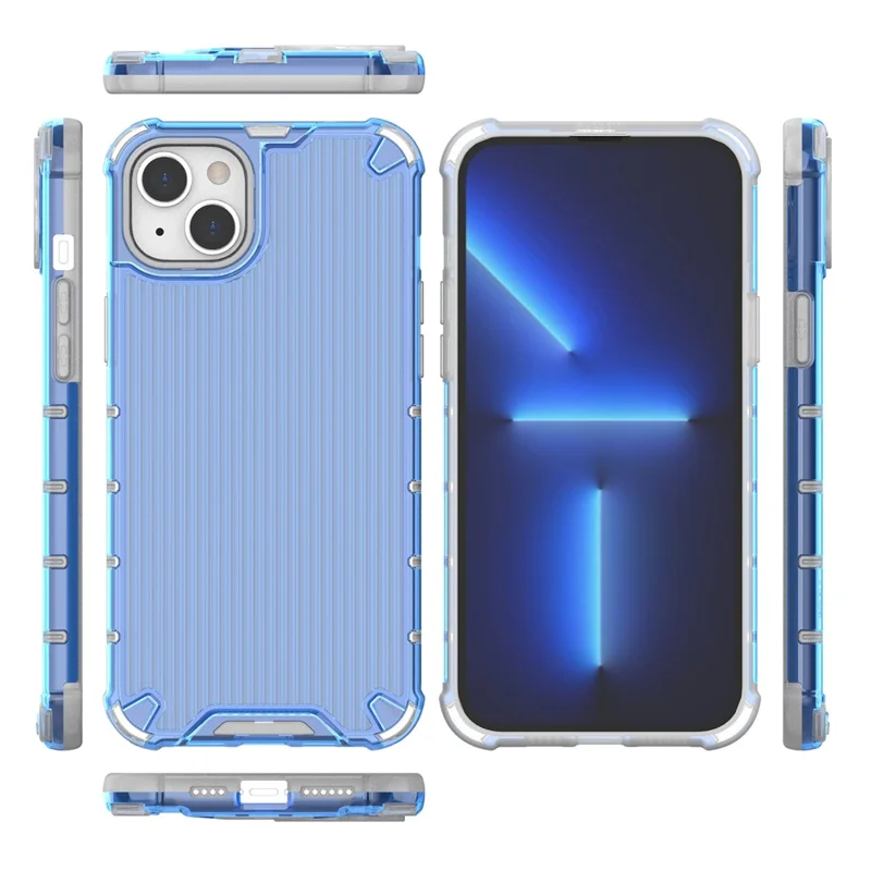 For iPhone 15 Plus Case PC+TPU Strip Pattern Phone Cover Air Cushion Drop Protection - Blue