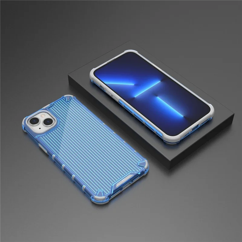For iPhone 15 Plus Case PC+TPU Strip Pattern Phone Cover Air Cushion Drop Protection - Blue