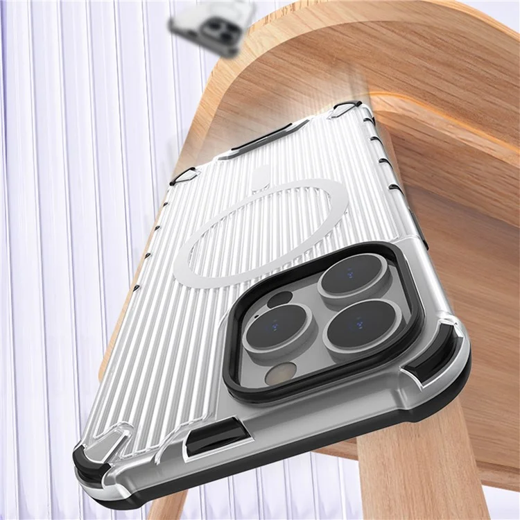 For iPhone 15 Pro Max Case Compatible with MagSafe PC+TPU Strip Pattern Phone Cover - Transparent