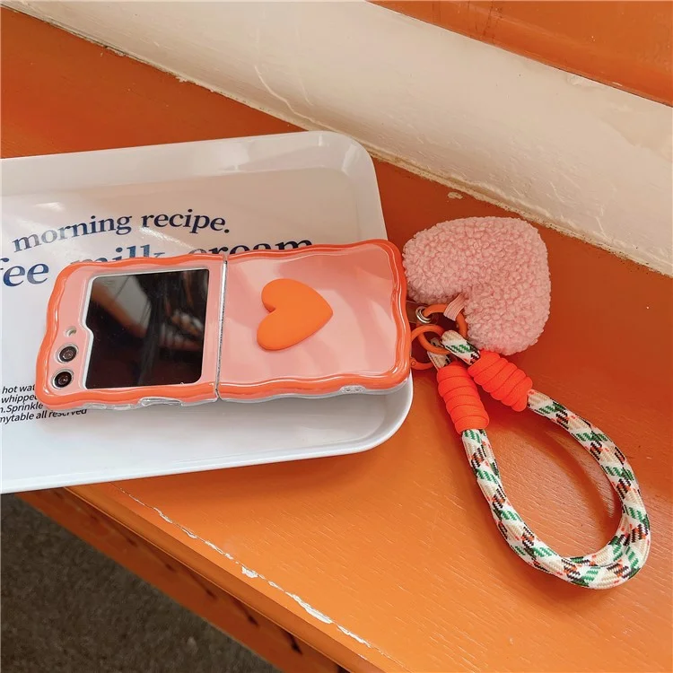 For Samsung Galaxy Z Flip5 5G Case Heart Pattern TPU Phone Cover with Hand Strap - Orange+Pink