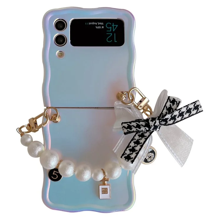 For Samsung Galaxy Z Flip4 5G Case TPU Shinny Laser Phone Cover with Pearl Bracelet