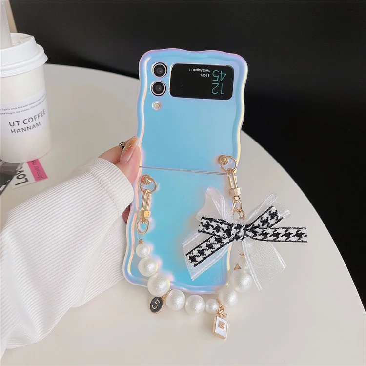 For Samsung Galaxy Z Flip4 5G Case TPU Shinny Laser Phone Cover with Pearl Bracelet