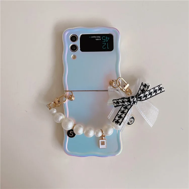 For Samsung Galaxy Z Flip4 5G Case TPU Shinny Laser Phone Cover with Pearl Bracelet