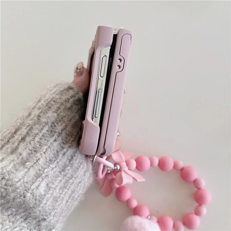 For Samsung Galaxy Z Flip4 5G Case Ripple Texture Kickstand PC Phone Cover with Beads Hand Strap - Pink