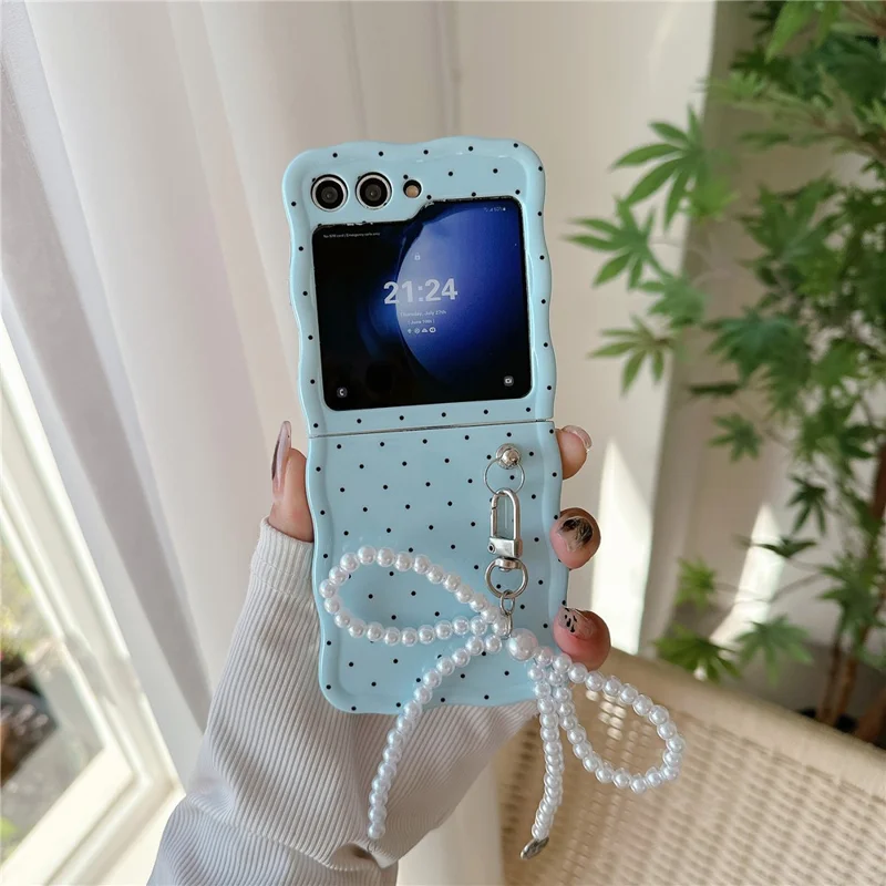 Per Samsung Galaxy Z Flip5 5G Case TPU Custodia Pieghevole per Telefono con Perle Accessorio a Fiocco - Blu+Puntino Nero