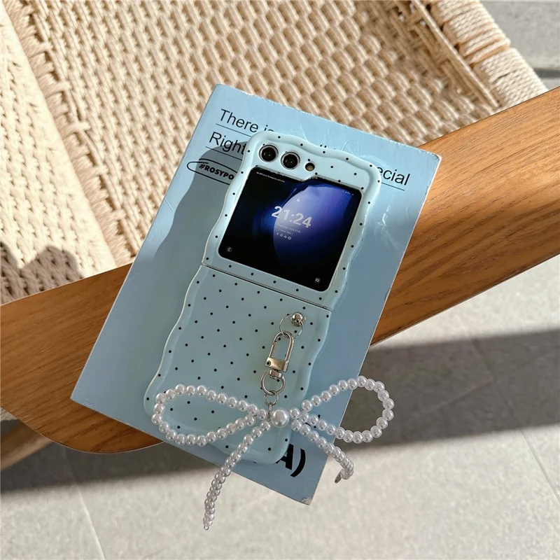 Per Samsung Galaxy Z Flip5 5G Case TPU Custodia Pieghevole per Telefono con Perle Accessorio a Fiocco - Blu+Puntino Nero