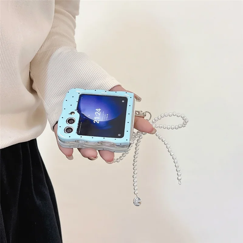 Per Samsung Galaxy Z Flip5 5G Case TPU Custodia Pieghevole per Telefono con Perle Accessorio a Fiocco - Blu+Puntino Nero