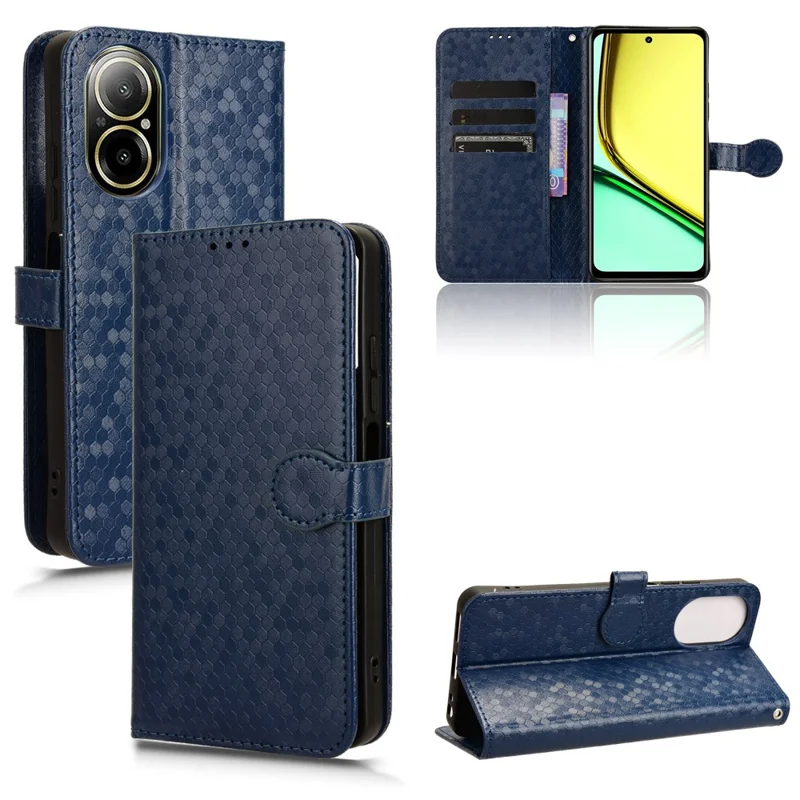 For Realme C67 4G Wallet Case Dots Imprinted Leather Stand Phone Cover - Dark Blue