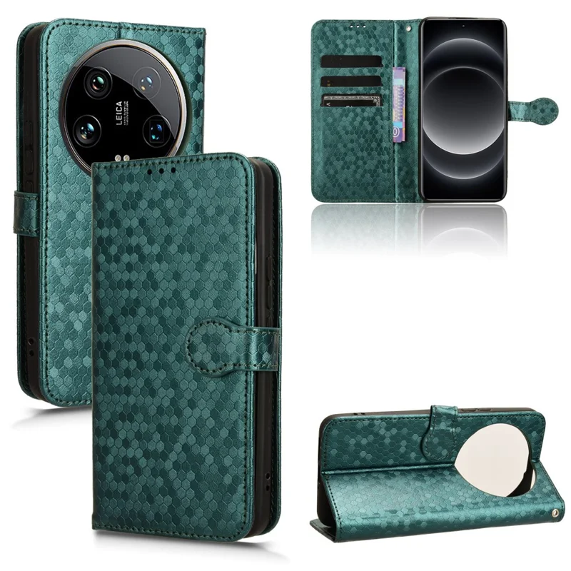 For Xiaomi 14 Ultra Case Dots Imprinted PU Leather Wallet Stand Phone Cover - Green