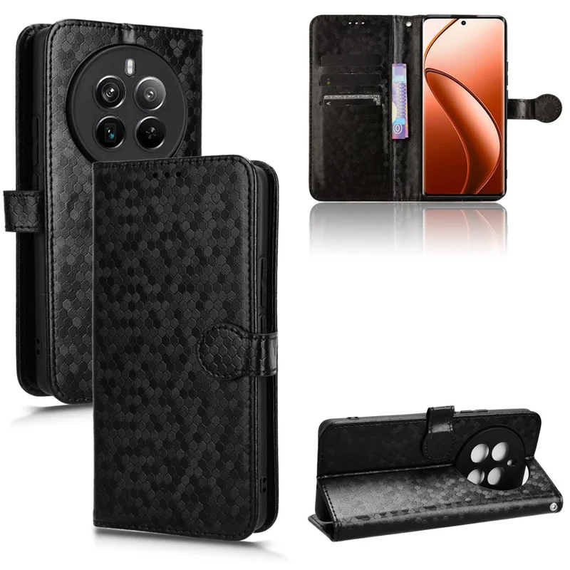 For Realme 12 4G / 12+ 5G Case Dots Imprinted PU Leather Mobile Phone Cover with Viewing Stand - Black