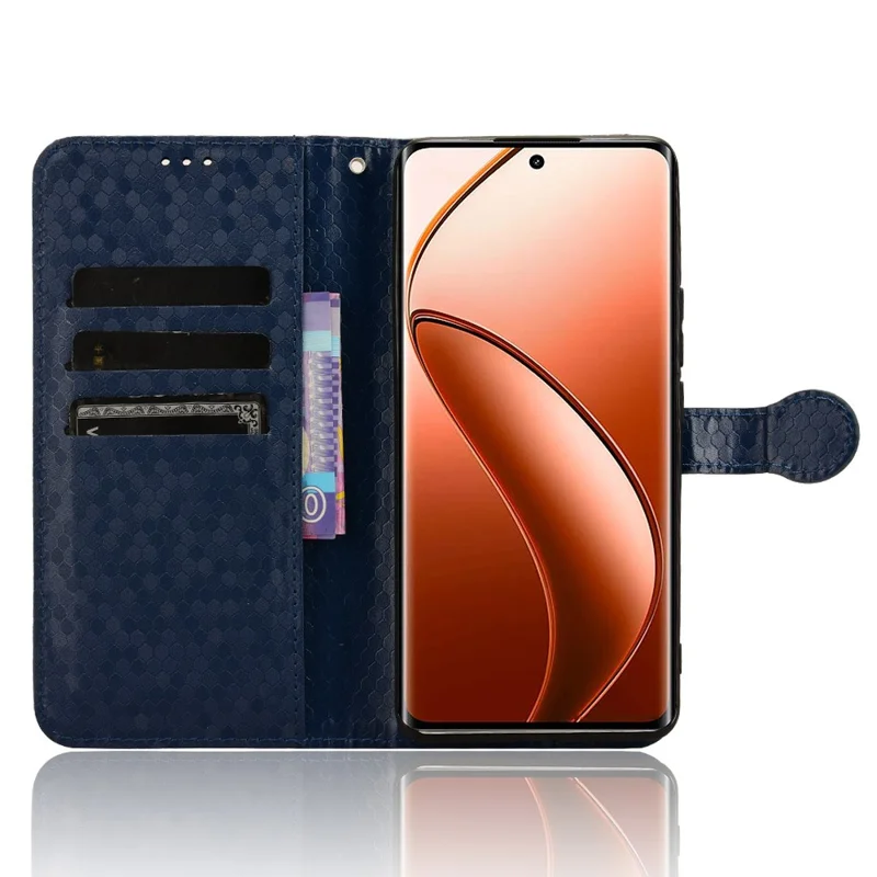For Realme 12 4G / 12+ 5G Case Dots Imprinted PU Leather Mobile Phone Cover with Viewing Stand - Dark Blue