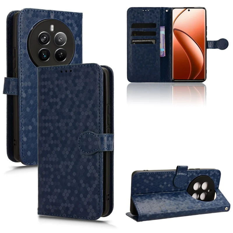 For Realme 12 4G / 12+ 5G Case Dots Imprinted PU Leather Mobile Phone Cover with Viewing Stand - Dark Blue